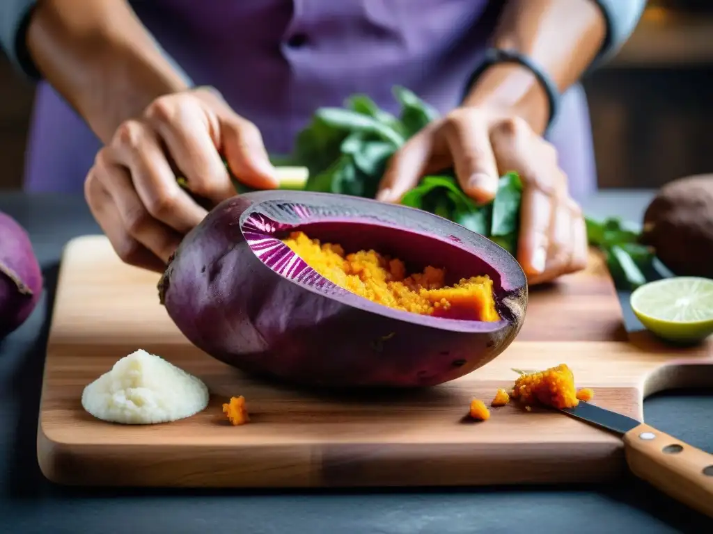 Chef cortando una vistosa papa morada peruana en tabla de madera