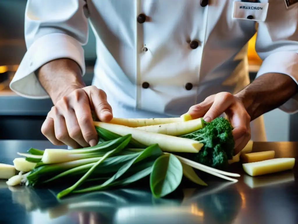 Chef pelando una yuca fresca con destreza, mostrando texturas y fibras, en una cocina moderna