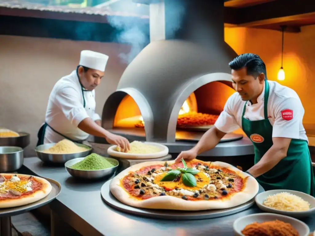 Chefes preparando pizzas peruanas en horno de barro, con ingredientes únicos como ají amarillo y rocoto