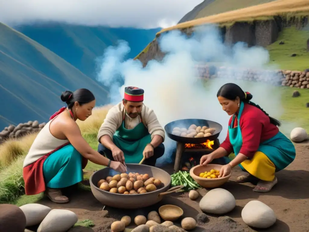 Preparación de Pachamanca: chefs andinos visten trajes coloridos, entierran carnes y vegetales en horno de piedra, con paisaje montañoso al fondo