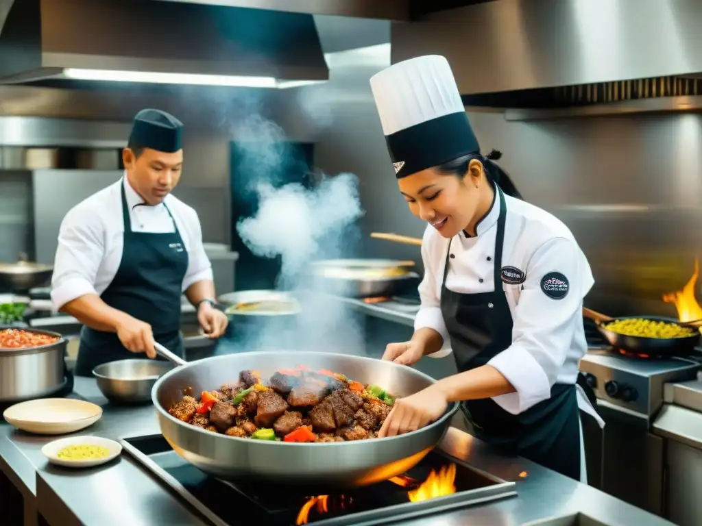 Chefs expertos preparan con pasión el tradicional Adobo Arequipeño en una bulliciosa cocina peruana, llenando el aire con su aroma