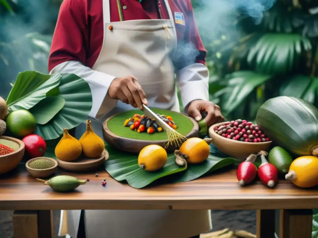 Chefs indígenas preparando ingredientes silvestres en la selva peruana