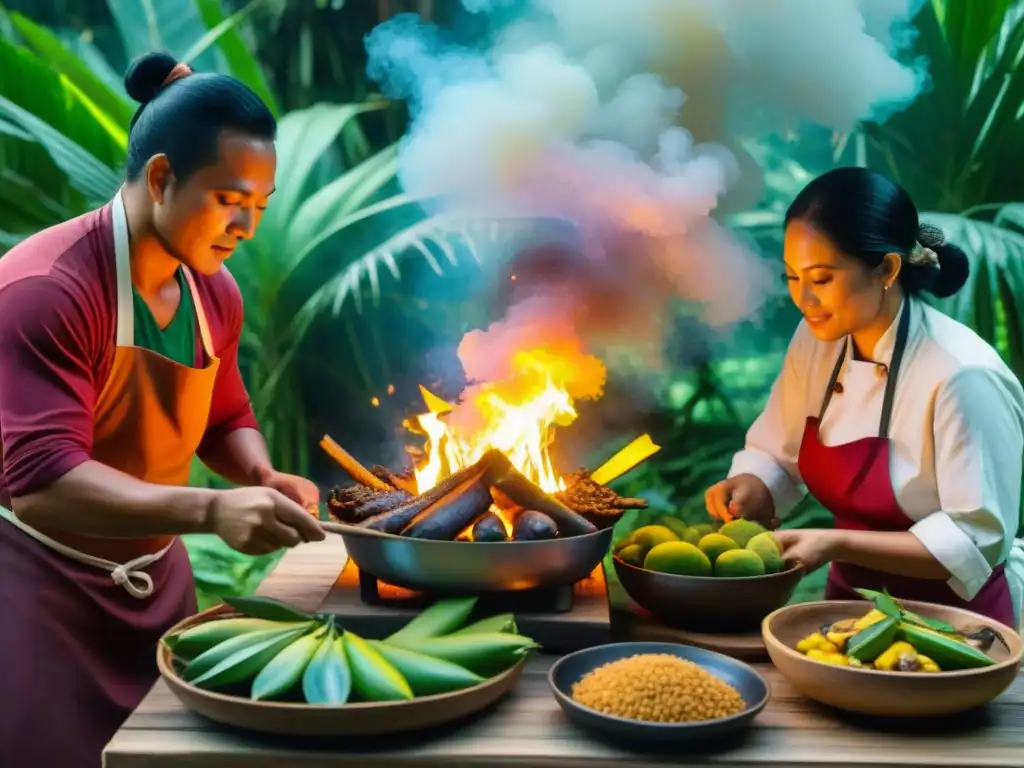 Chefs indígenas preparan platos amazónicos en el Festival Gastronomía Amazónica Perú entre frutas tropicales y fuego en la selva