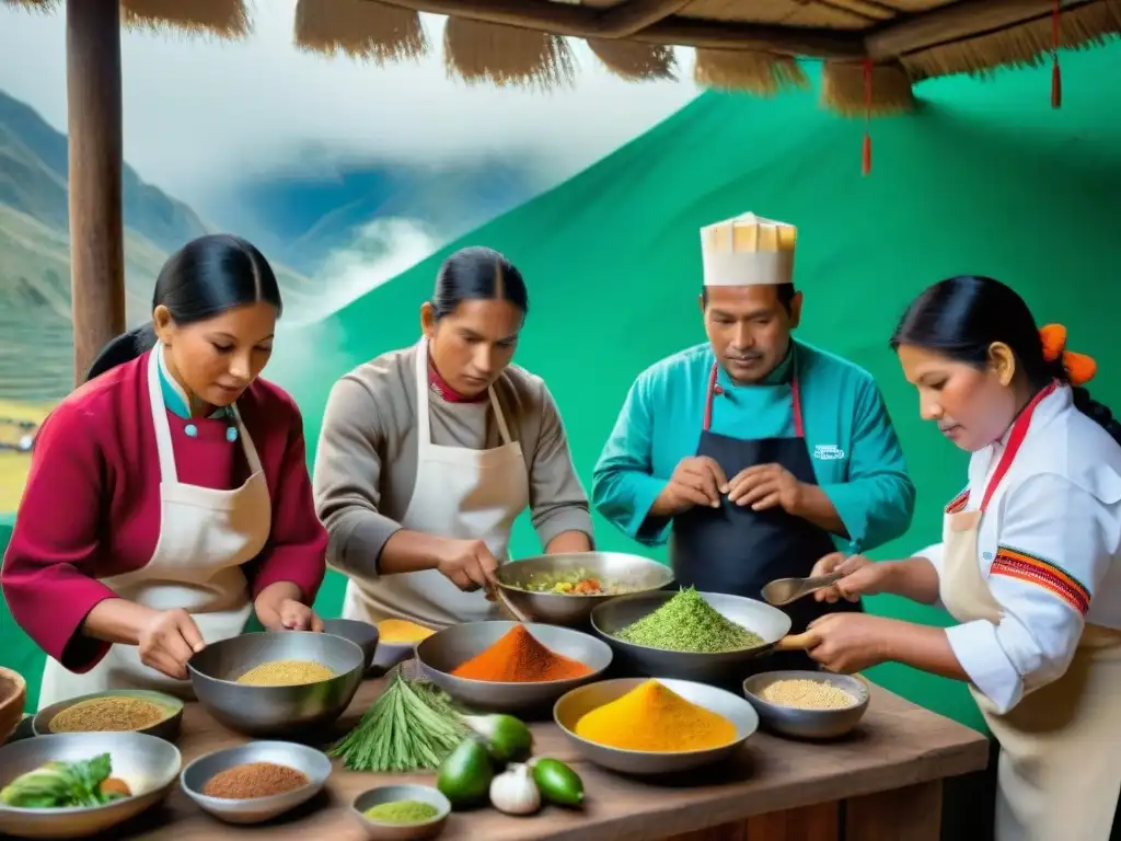 Chefs indígenas de Perú preparando platos coloridos en cocina rústica