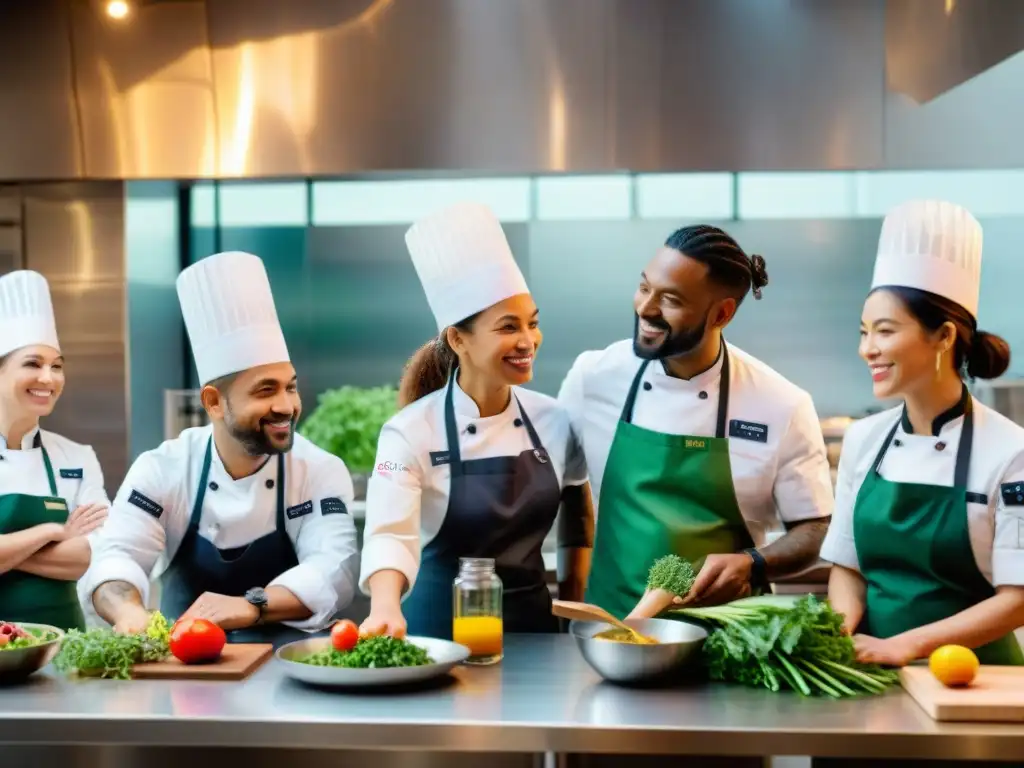 Chefs de todo el mundo cocinando juntos en una cocina ecofriendly, promoviendo iniciativas gastronómicas cambio climático