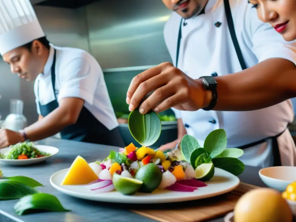 Chefs peruanos preparando ceviche con ingredientes vibrantes en Lima, cenas de lujo