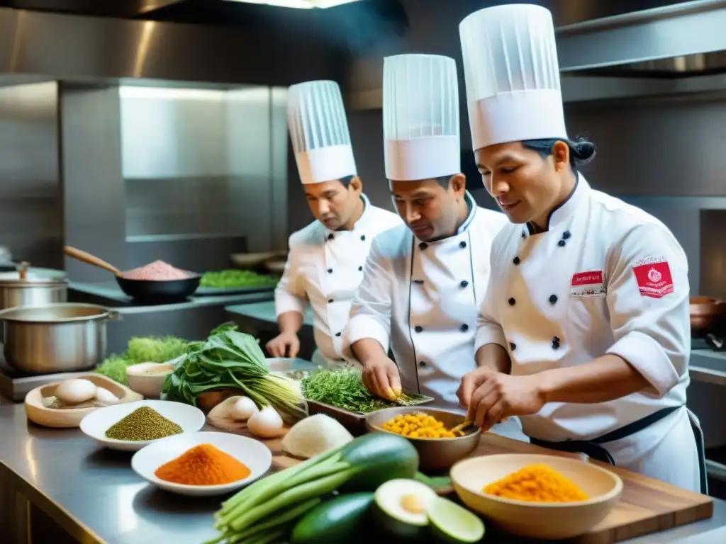 Chefs peruanos en cocina sostenible, seleccionando productos locales para platos tradicionales con un toque moderno