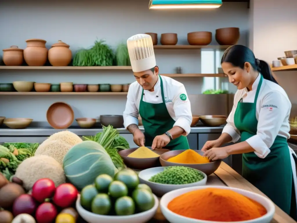 Chefs peruanos en cocina sostenible, preparando platos auténticos con ingredientes locales