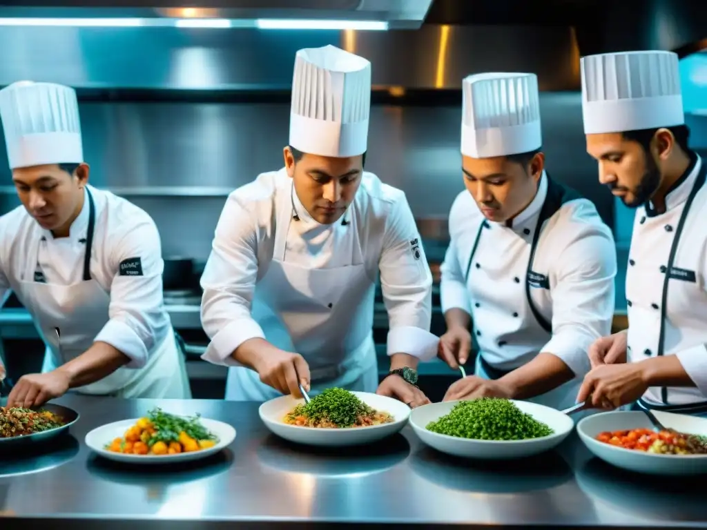 Chefs peruanos reduciendo desperdicio en vibrante cocina, trabajando en equipo con ingredientes coloridos