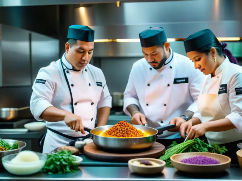 Chefs peruanos expertos preparando platillos tradicionales con ingredientes vibrantes