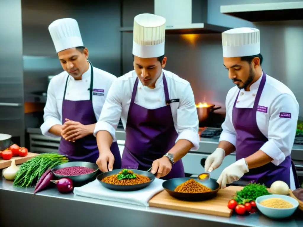 Chefs peruanos redefiniendo gastronomía en una cocina moderna con ingredientes vibrantes