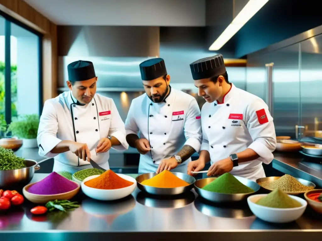 Chefs peruanos redefiniendo gastronomía en una cocina moderna llena de ingredientes vibrantes