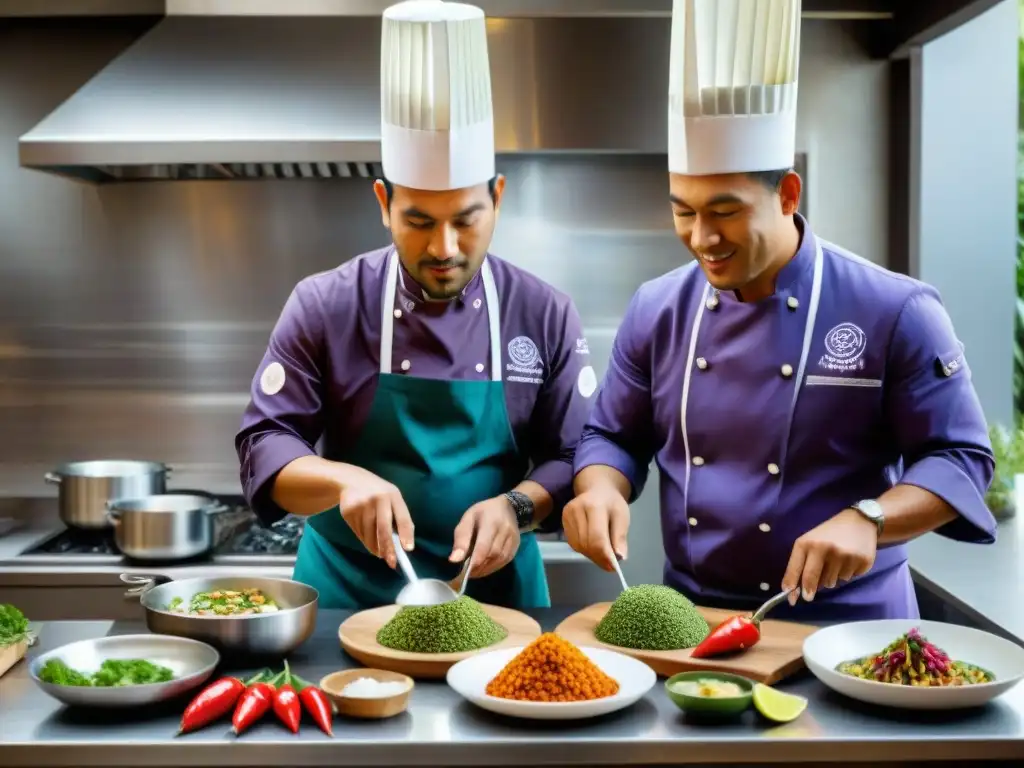 Chefs peruanos redefiniendo gastronomía en una cocina moderna, creando platos innovadores con ingredientes vibrantes