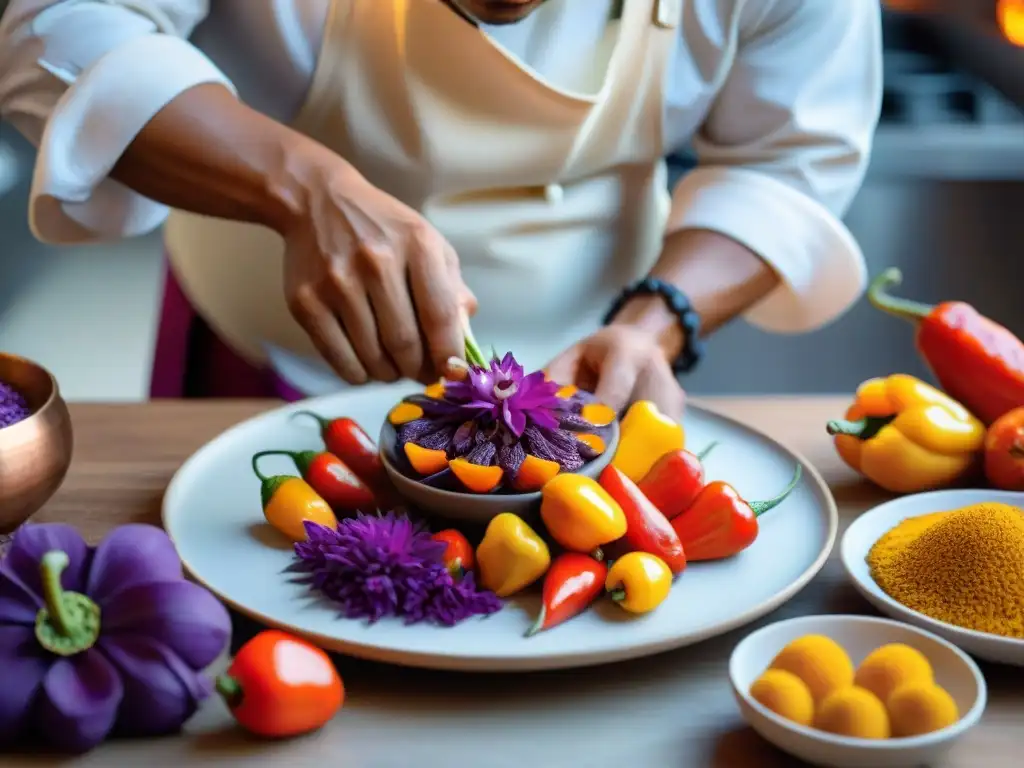 Chefs peruanos innovadores en emplatado: Detalle de chef peruano arreglando flores, rocotos y tumbo en plato blanco