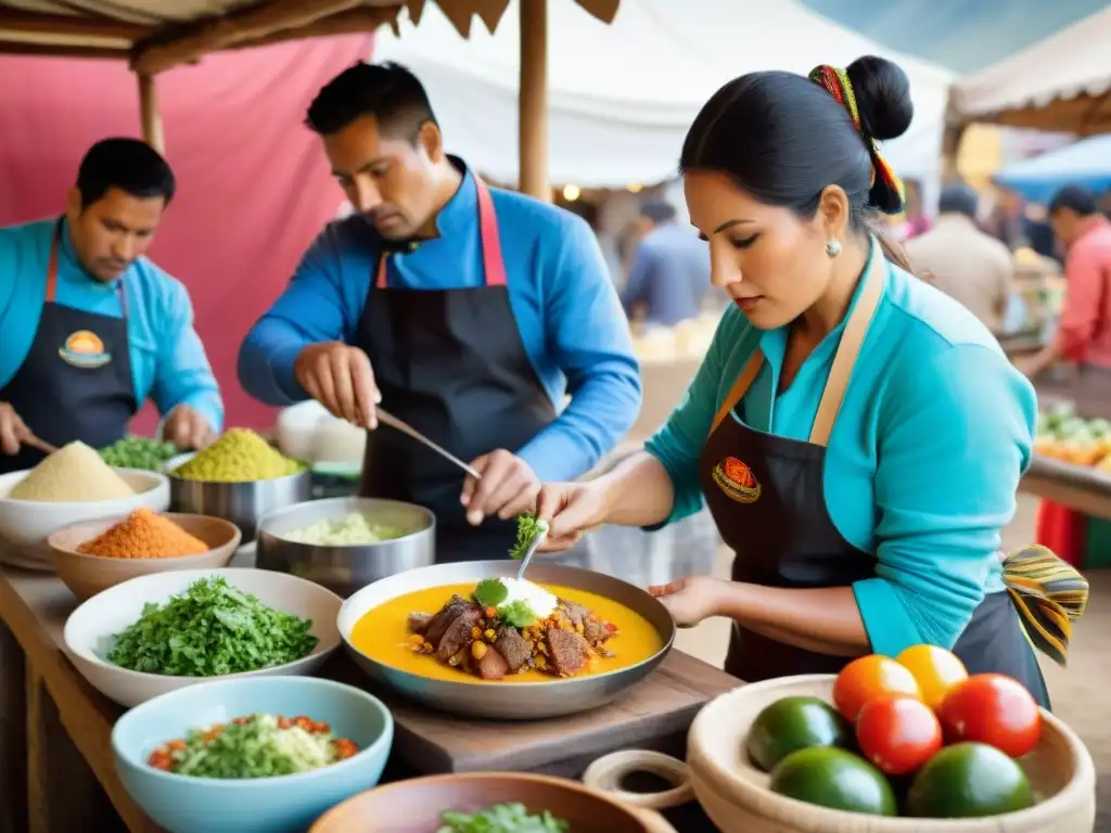 Chefs peruanos preparando los mejores platos con pisco en mercado vibrante durante Festival de la Vendimia