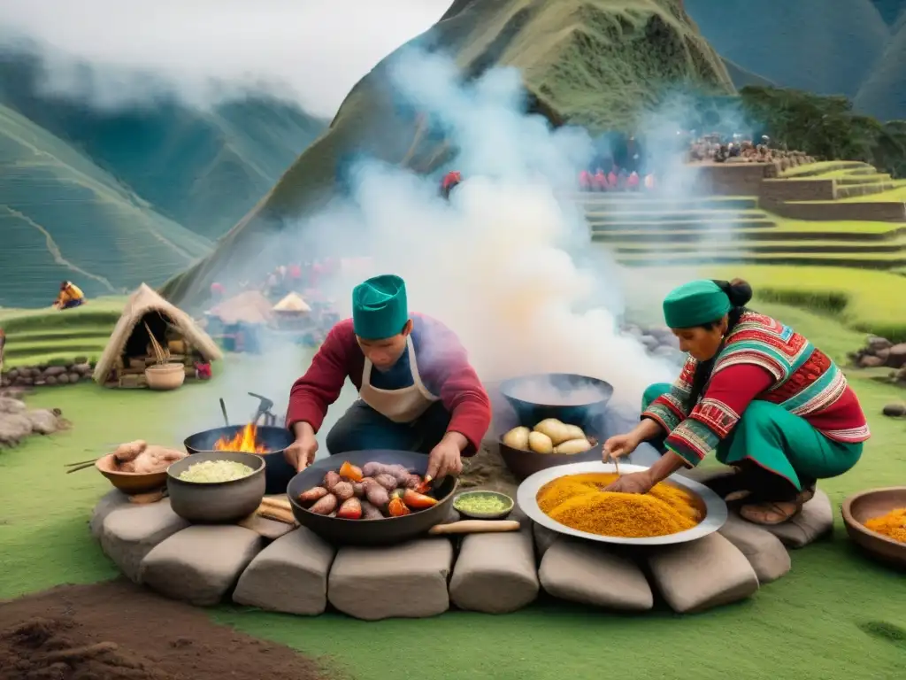 Chefs peruanos preparando una pachamanca, receta tradicional en Perú, en un horno de tierra al aire libre