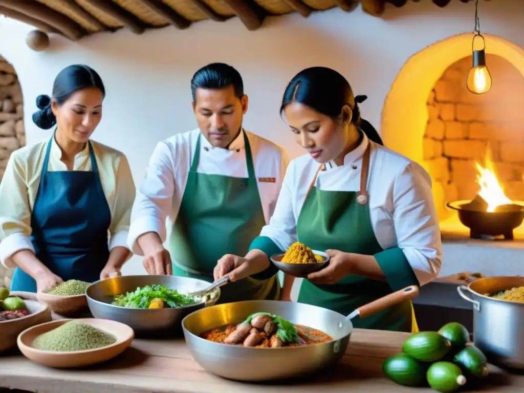 Chefs peruanos preparando platillos tradicionales con algarrobo en cocina rústica