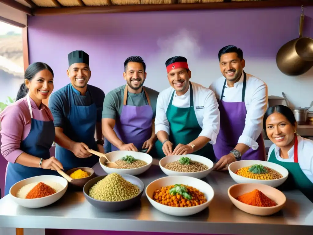 Chefs peruanos cocinan platos coloridos con ingredientes autóctonos en cocina vibrante