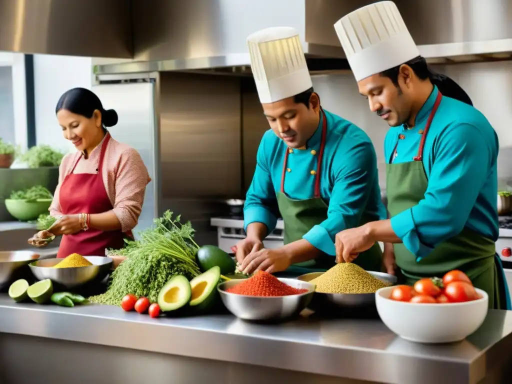 Chefs peruanos preparando platos vibrantes de quinua en cocina moderna