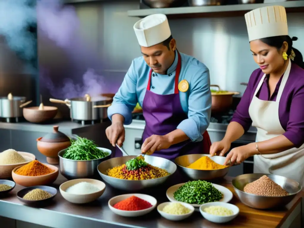 Chefs peruanos preparando recetas ancestrales en cocina moderna con ingredientes nativos