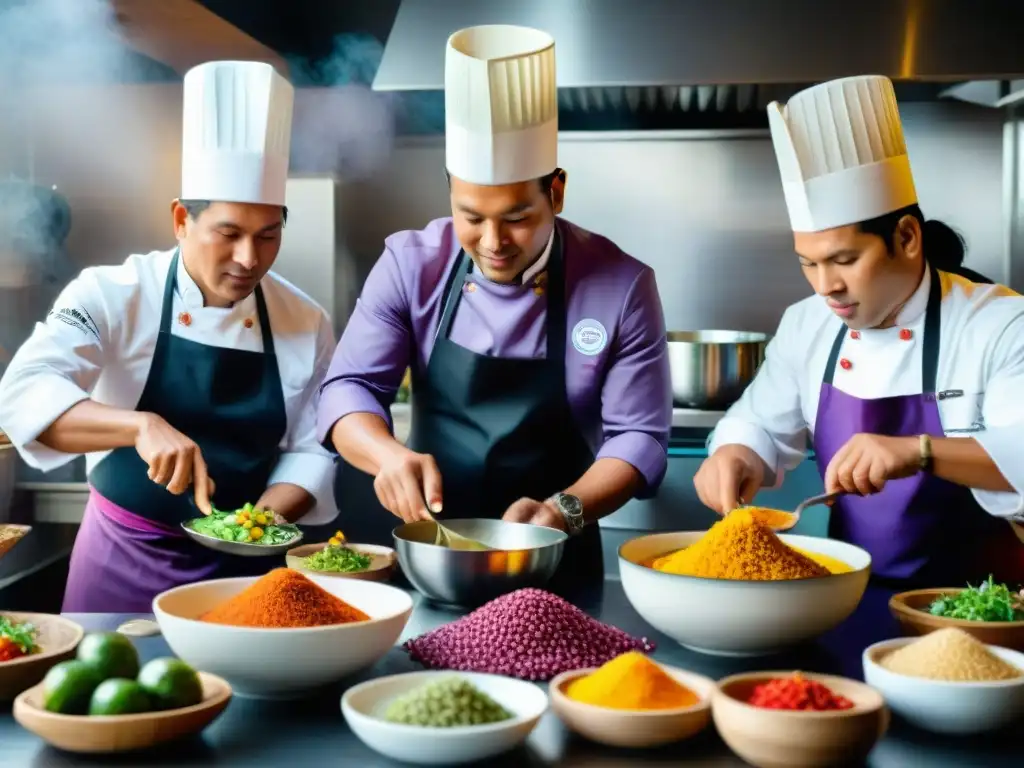 Chefs peruanos redefiniendo sabores en una cocina llena de ingredientes coloridos, preparando ceviche y causa