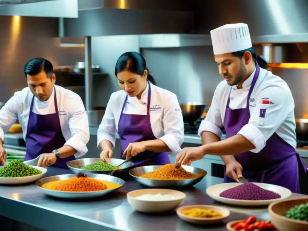 Chefs peruanos redefiniendo sabores en una cocina vibrante, preparando platos tradicionales con un toque moderno