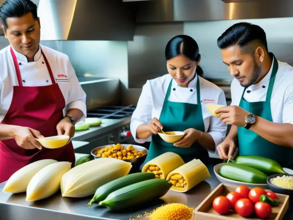 Chefs peruanos preparando tamales con tradición y modernidad, rodeados de ingredientes típicos