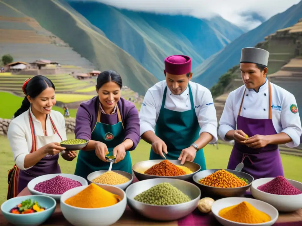 Cocineros peruanos preparando platos andinos en las alturas Chefs peruanos en trajes andinos preparando platos coloridos con ingredientes frescos, en los majestuosos Andes