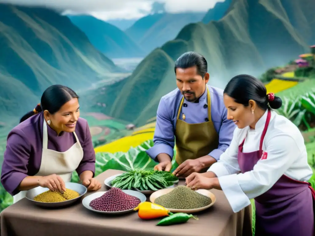 Chefs peruanos en trajes tradicionales discutiendo ingredientes autóctonos gastronomía peruana entre naturaleza exuberante y montañas andinas