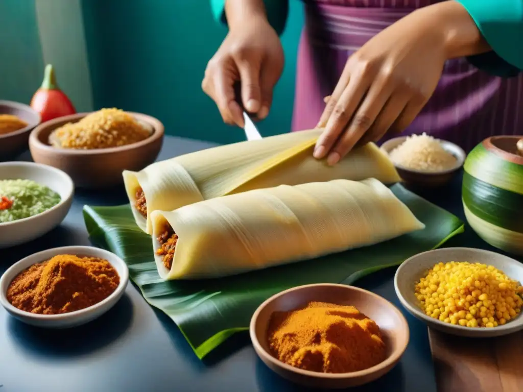 Chefs peruanos preparando variedades de tamales tradicionales con ingredientes vibrantes en cocina auténtica