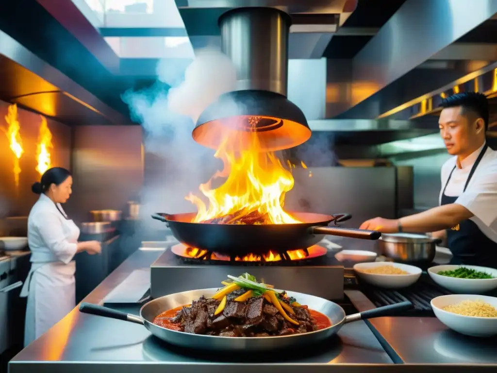 Chefs preparando Lomo Saltado en restaurante fusión Chino Peruano, con vibrantes colores y movimientos dinámicos en la cocina