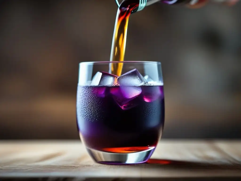 Chicha morada casera en vidrio con hielo, detalle y color vibrante, perfecto para recetas con chicha morada casera