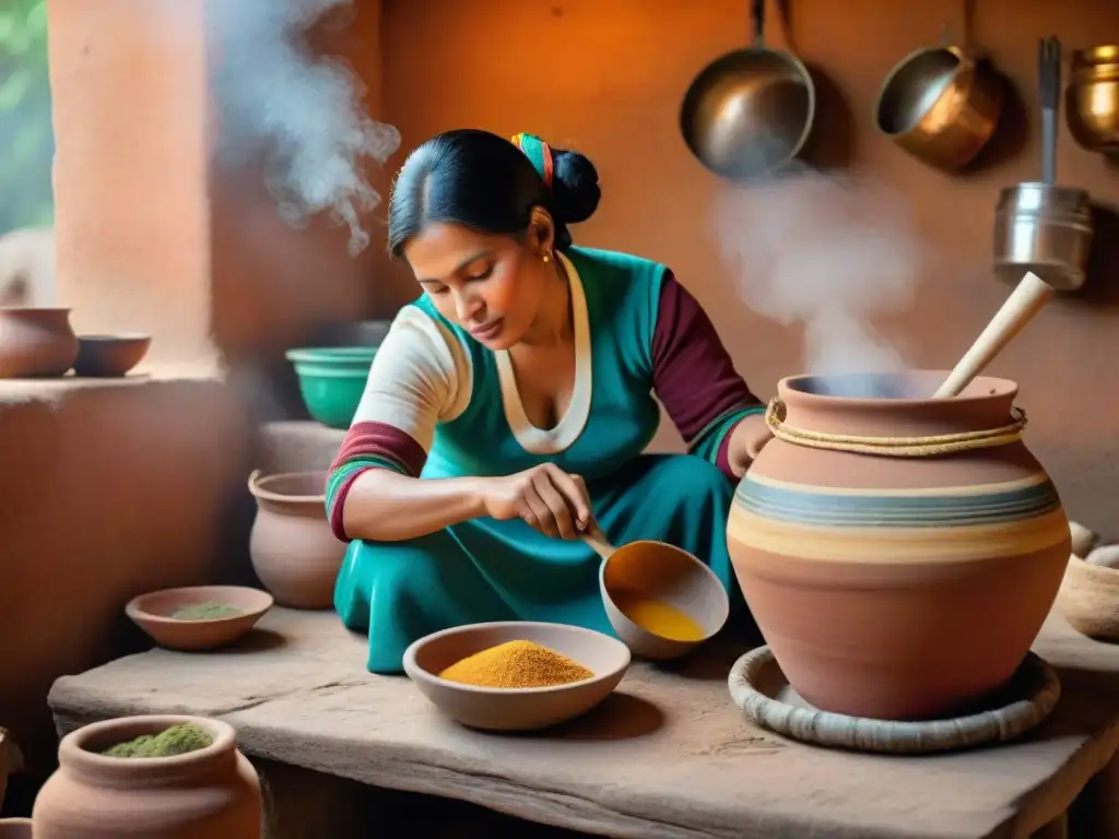 Elaboración Chicha de Jora fermentación: Mujer peruana tradicional remueve olla de barro con Chicha de Jora al atardecer