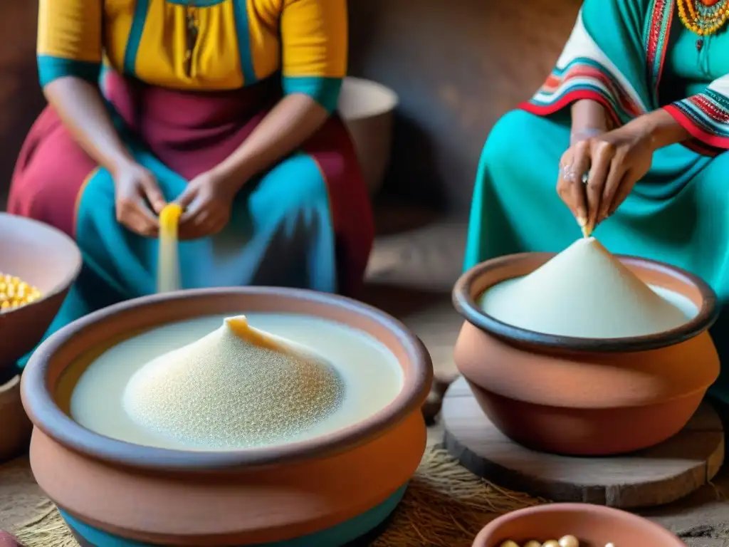 Elaboración de Chicha de Jora: Maíz fermentando en ollas de barro, mujeres andinas supervisando el proceso en cocina rústica peruana