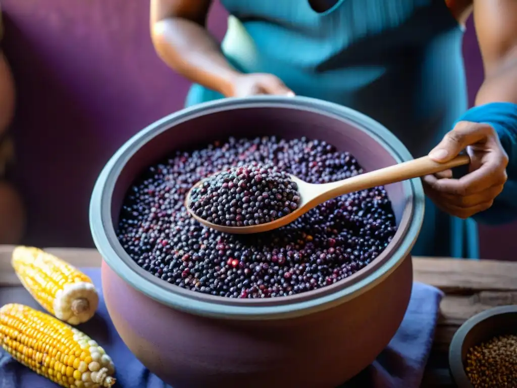 Fermentación de chicha morada en olla de barro rodeada de ingredientes naturales, destacando beneficios de la cocina peruana