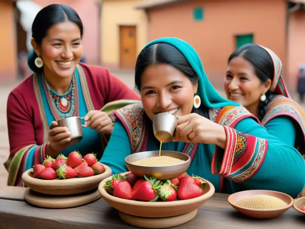Chichería en Cusco: Fiesta de Frutillada y Color Celebración en chichería en Cusco con bebidas fermentadas tradicionales Perú y coloridas telas incas