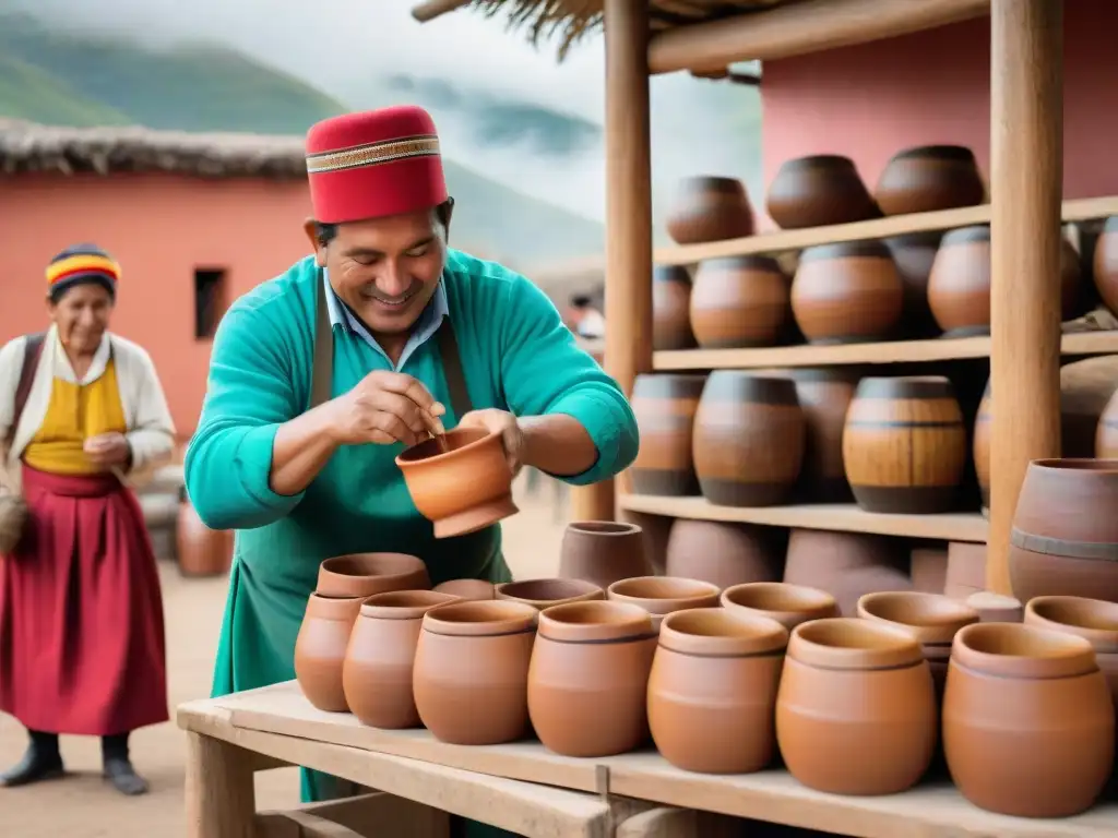 Una chichería peruana vibrante con Innovaciones en la chicha peruana: ambiente animado, murales coloridos y chicha fresca en tazas de barro