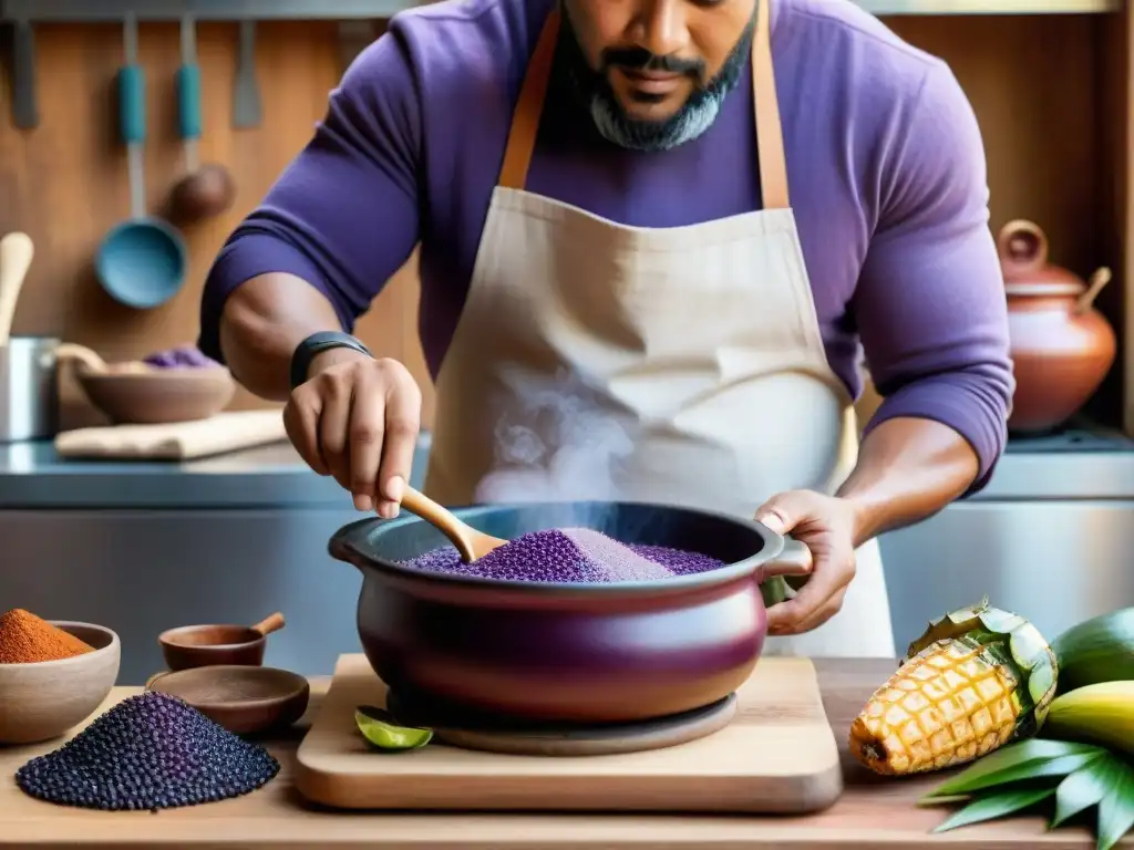 Un chichero prepara chicha morada en una cocina rústica, infundiendo el ambiente con aromas y colores vibrantes