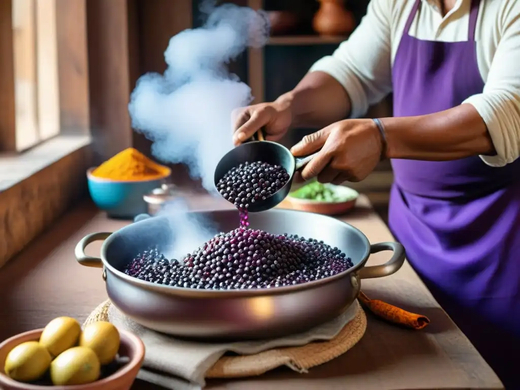 Chichero preparando chicha morada en cocina rústica, con vibrantes colores y aroma a tradición peruana