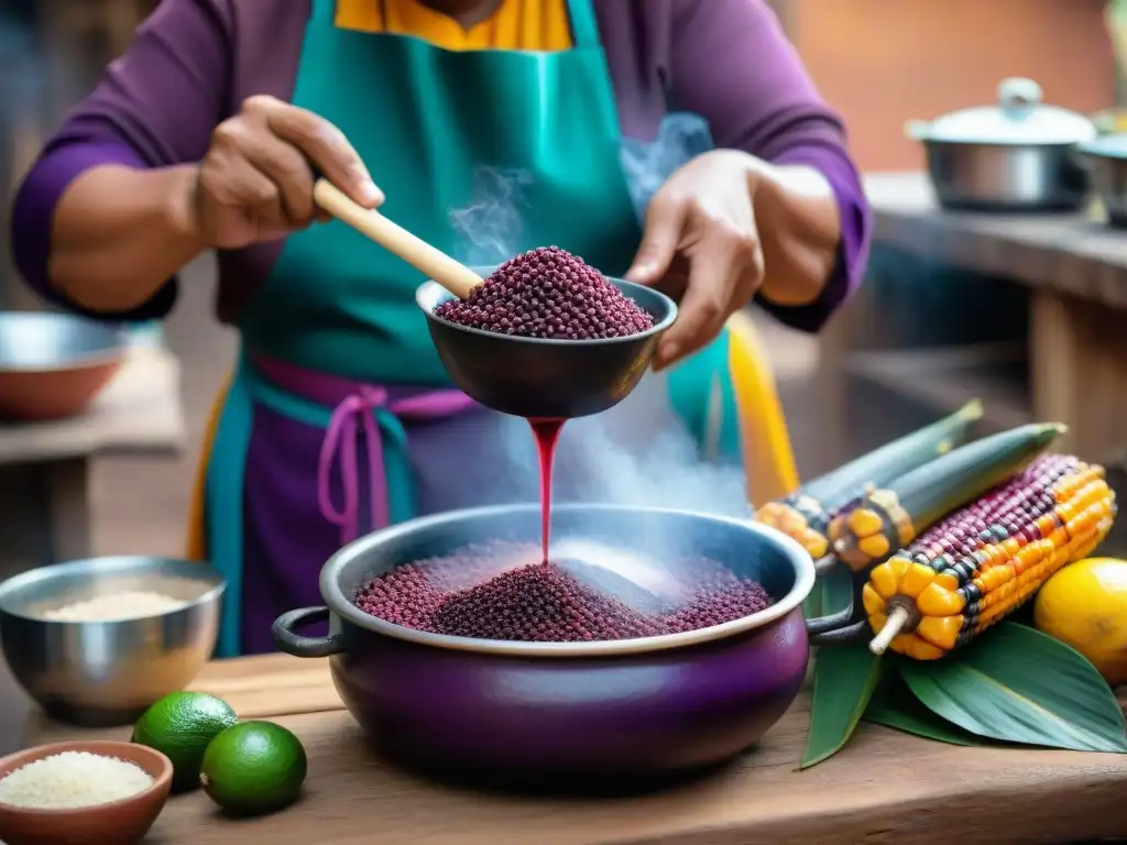 Un chichero peruano prepara chicha morada en cocina rústica