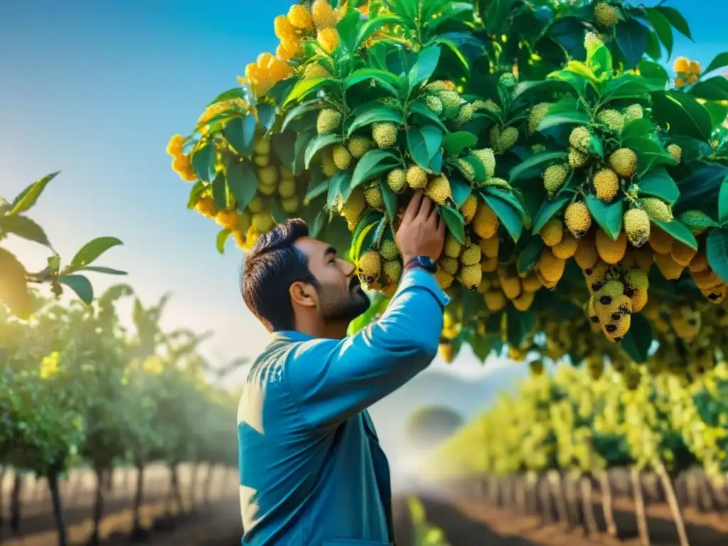 Plantación de chirimoyas bajo el sol dorado, con frutas maduras, abejas y cielo azul