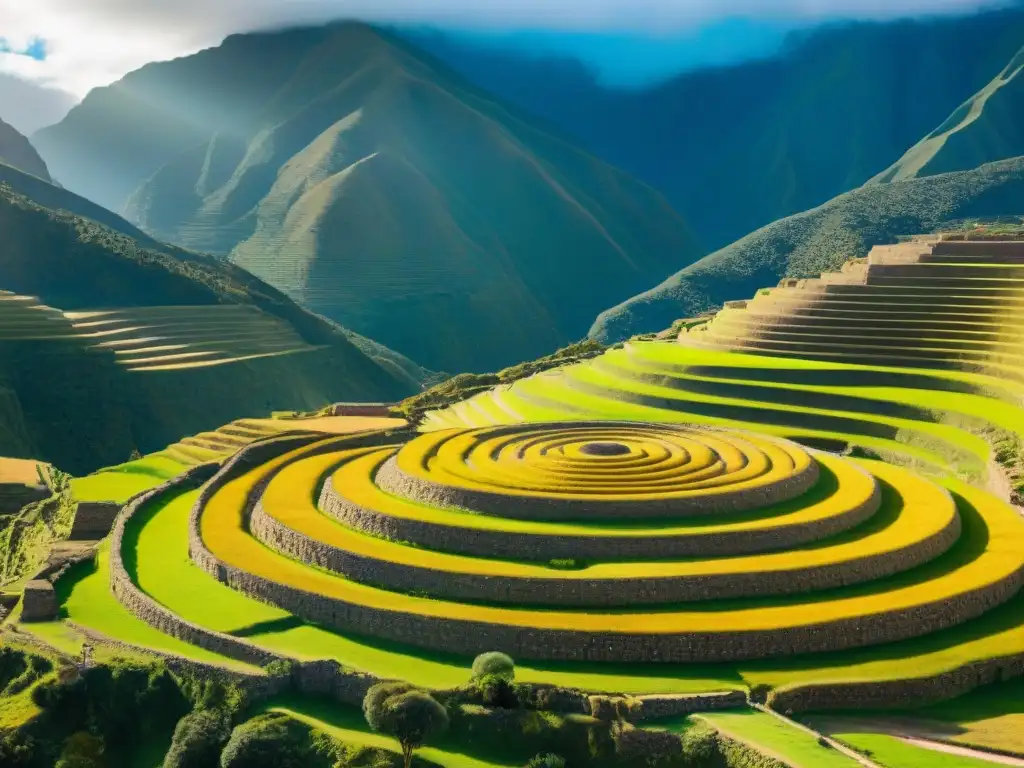 Los círculos concéntricos de Moray, ingeniería inca en agricultura, bañados por la luz solar