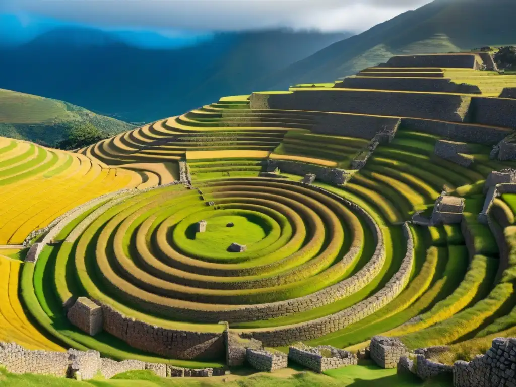 Los círculos de terrazas agrícolas de Moray muestran la ingeniería inca en agricultura, con los Andes de fondo