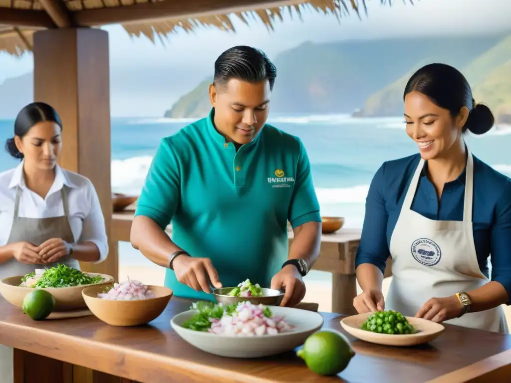 Una clase de cocina ceviche en Perú con un maestro enseñando a preparar el plato, ingredientes frescos y vista al mar