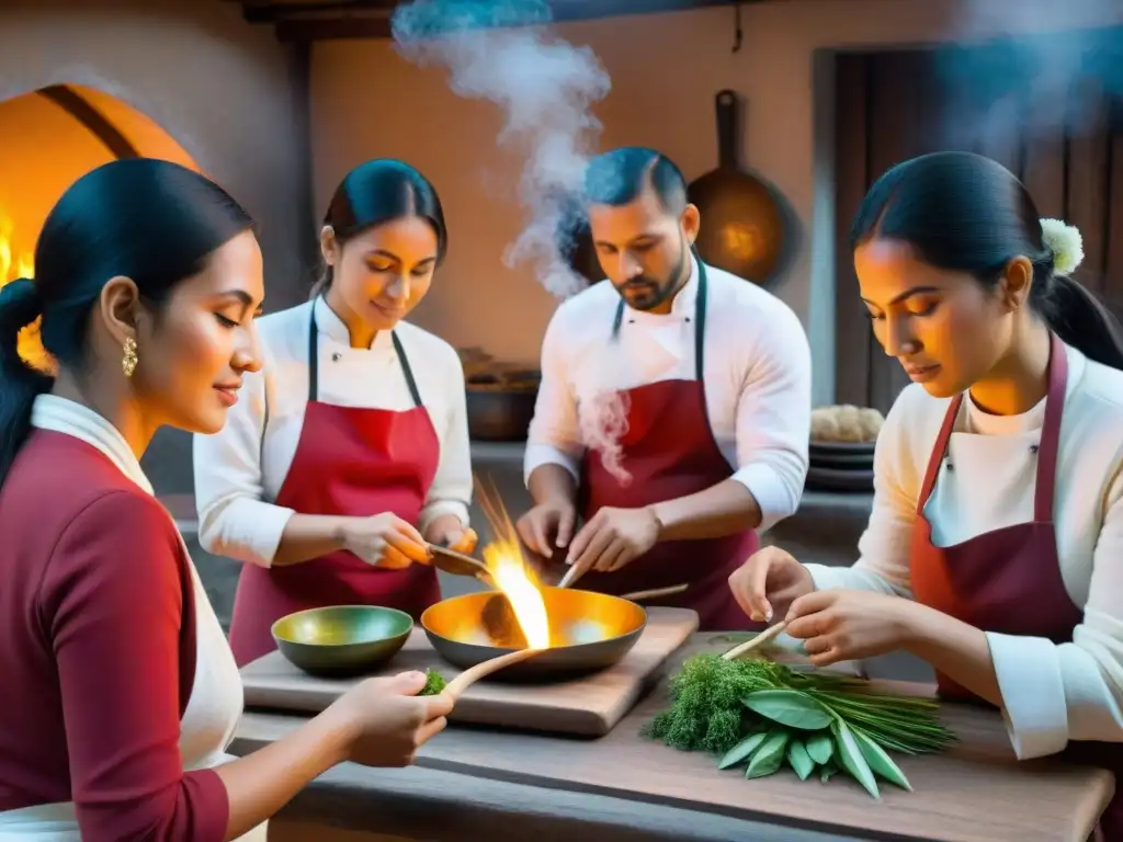 Una clase de cocina prehispánica peruana con estudiantes atentos en una cocina tradicional, iluminada por antorchas