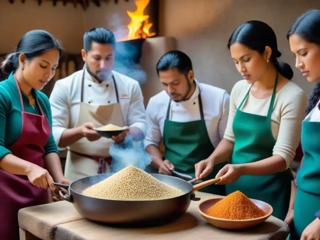 Una clase de cocina con quinua en Perú: un chef experto y alumnos aprendiendo técnicas tradicionales en una cocina andina