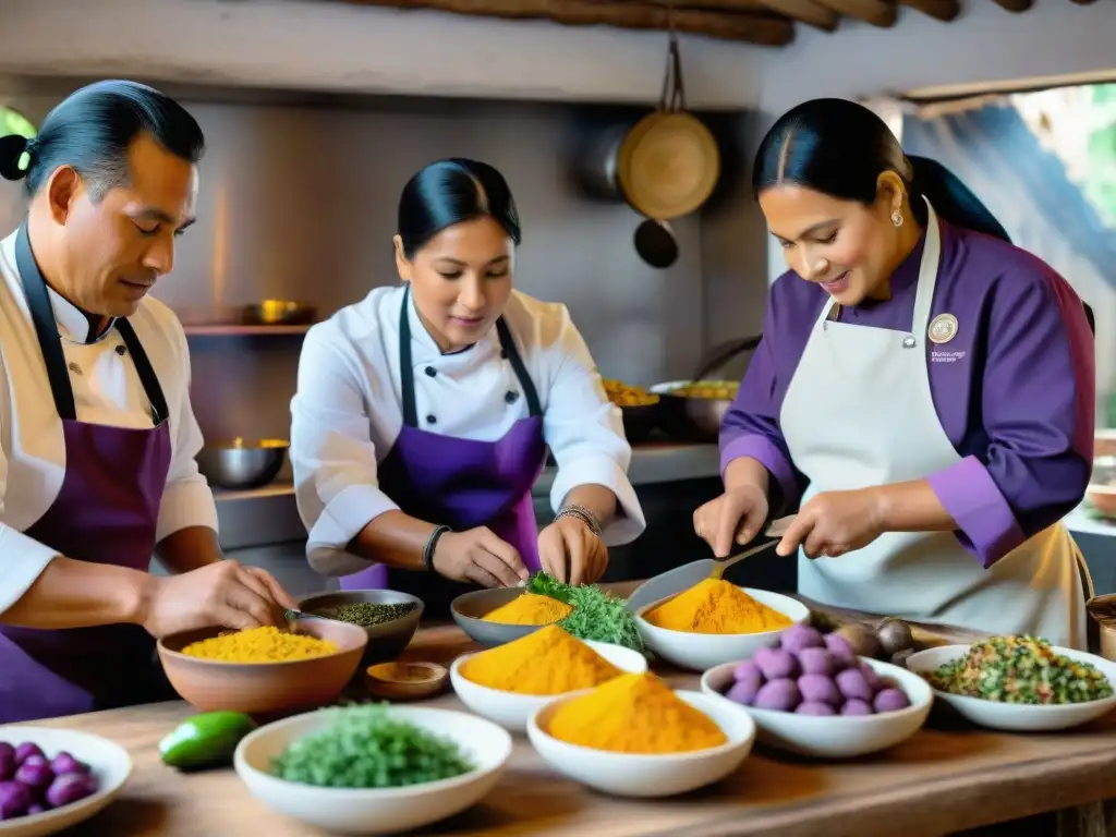 Clases de cocina con chefs indígenas de Perú preparando platos coloridos en cocina rústica