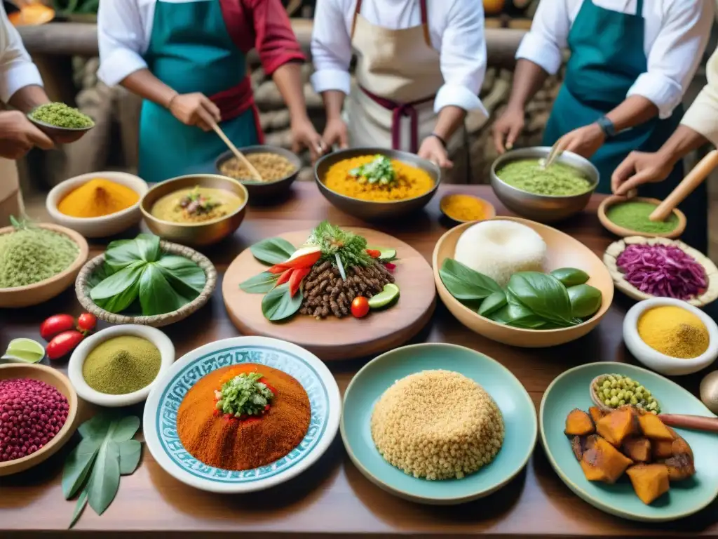 Clases de cocina con chefs indígenas de Perú compartiendo saberes culinarios en ambiente vibrante y colorido