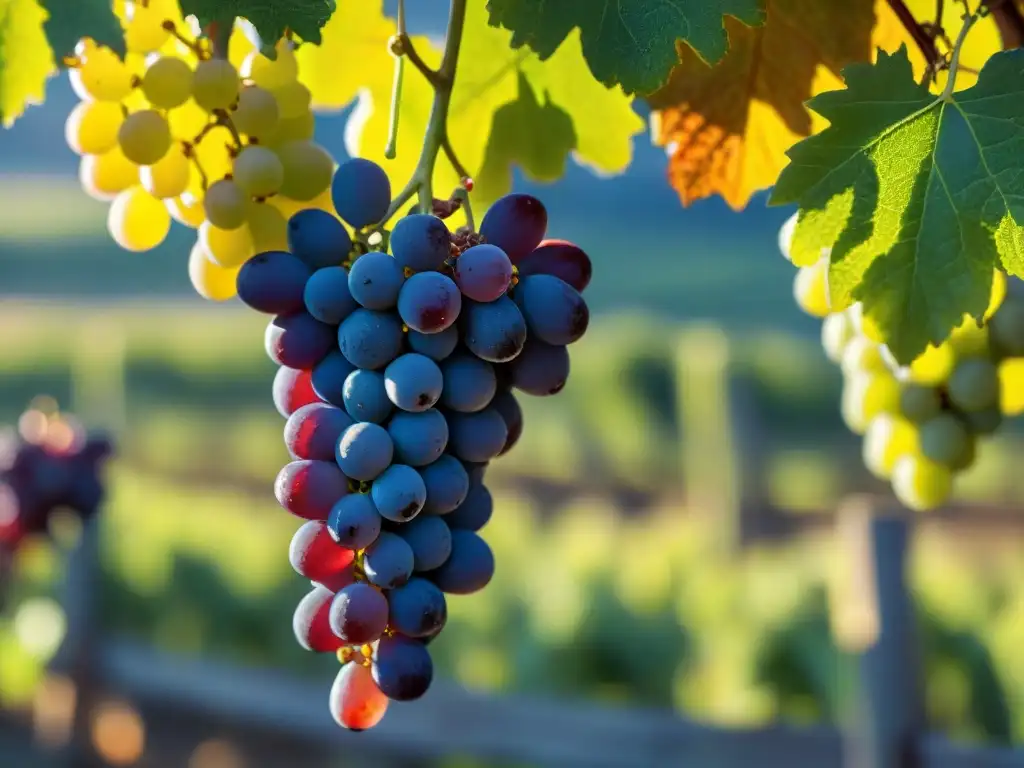 Cluster de uvas aromáticas y variadas colgando de una vid al sol, mostrando Diferencias piscos aromáticos no aromáticos