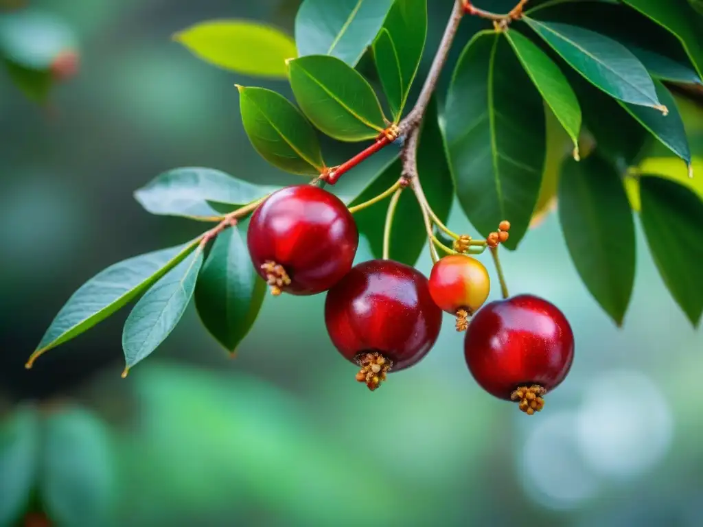 Cluster de vibrantes bayas de Camu Camu maduro en la selva amazónica, resaltando su color rojo intenso y propiedades antioxidantes